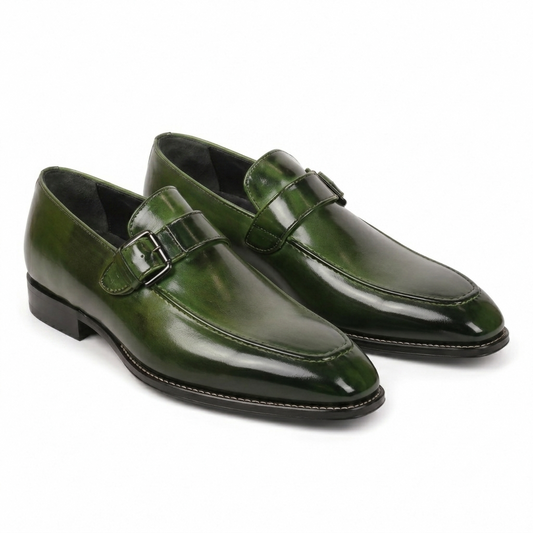 Olive Green Leather Monk Strap Loafers