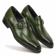 Olive Green Leather Monk Strap Loafers