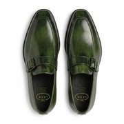 Olive Green Leather Monk Strap Loafers
