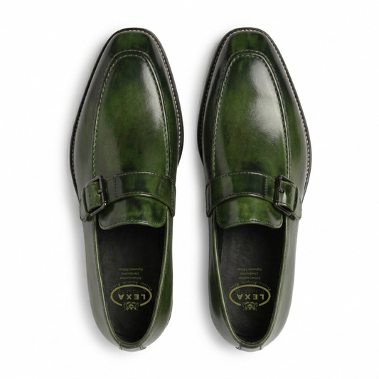 Olive Green Leather Monk Strap Loafers