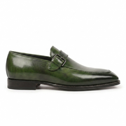 Olive Green Leather Monk Strap Loafers