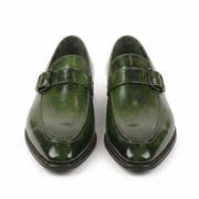 Olive Green Leather Monk Strap Loafers