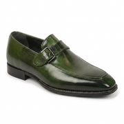 Olive Green Leather Monk Strap Loafers