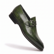 Olive Green Leather Monk Strap Loafers