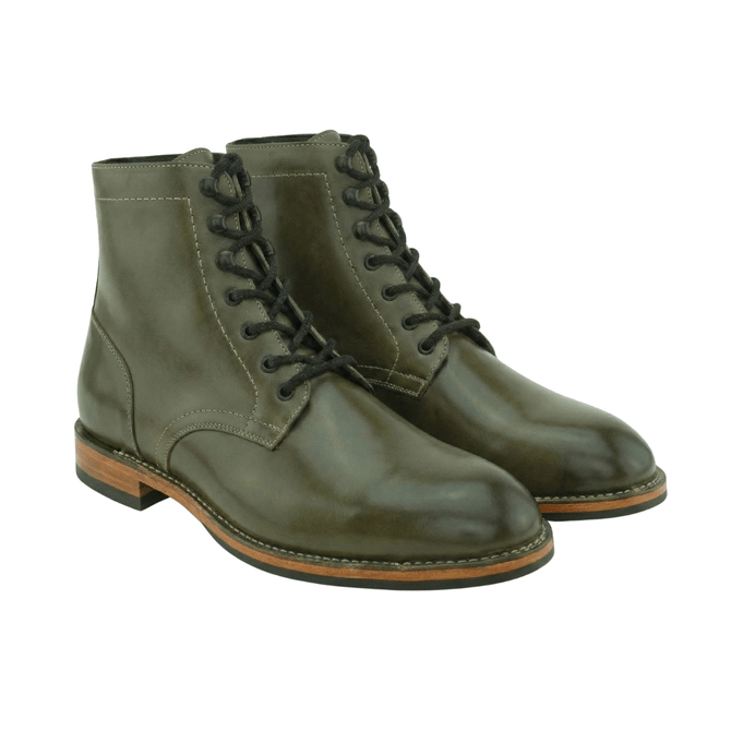 Olive green leather lace-up boots for men with classic handcrafted ankle boot design