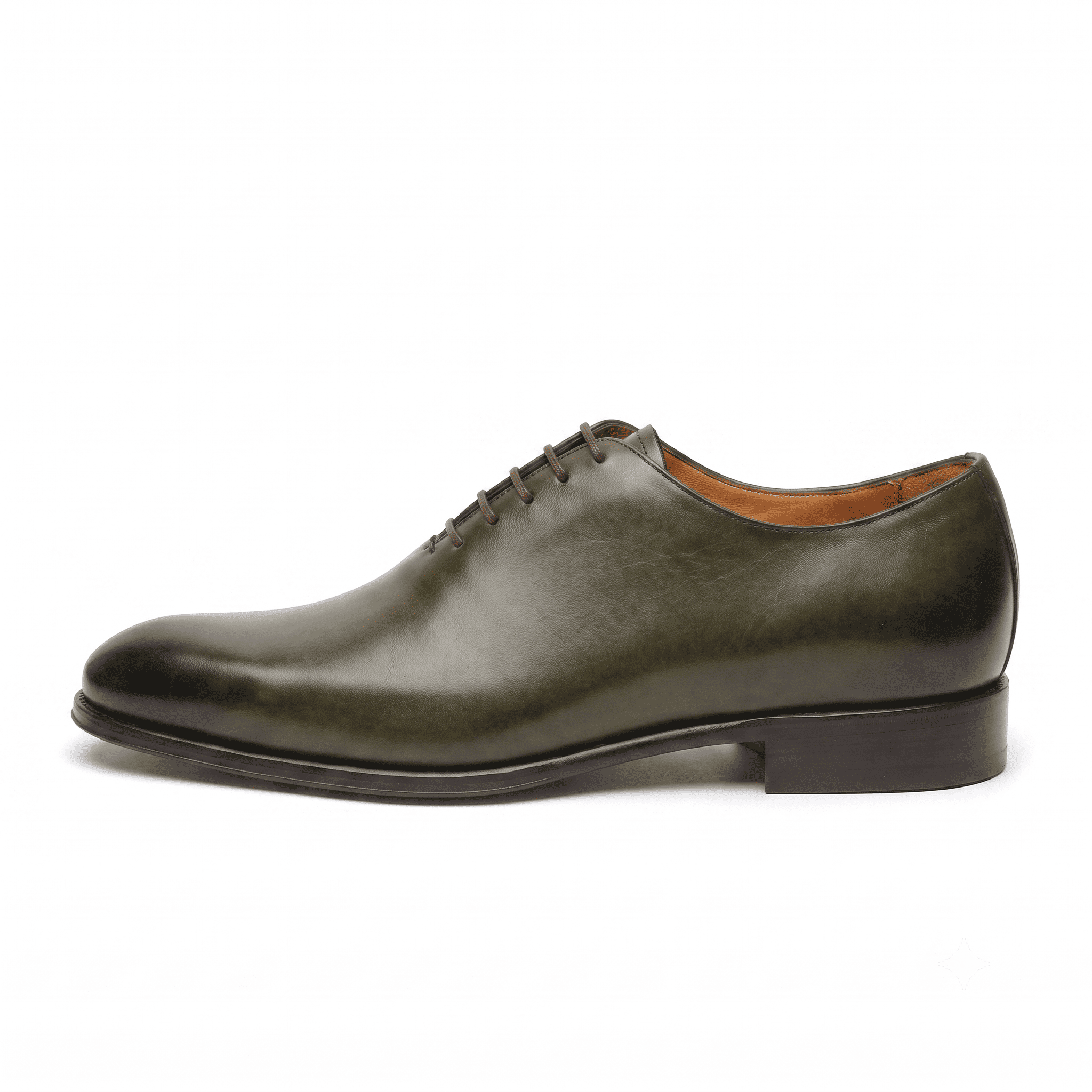 Side profile of olive green leather Oxford shoe