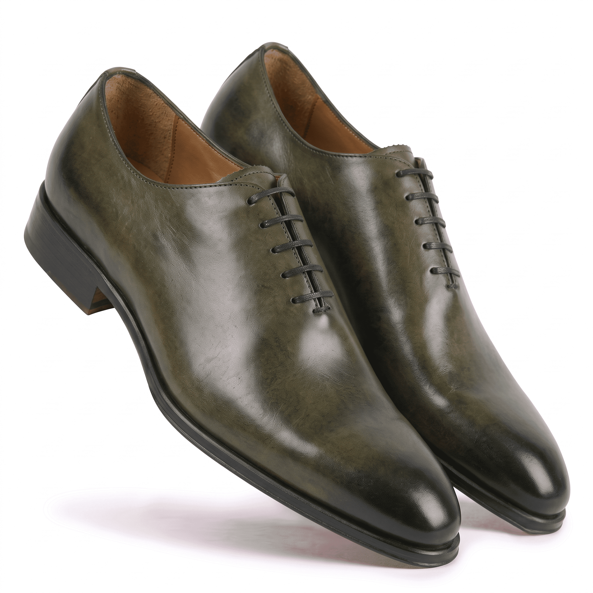 Three-quarter view of olive green leather Oxford shoes