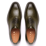 Top view of olive green leather Oxford shoes for men