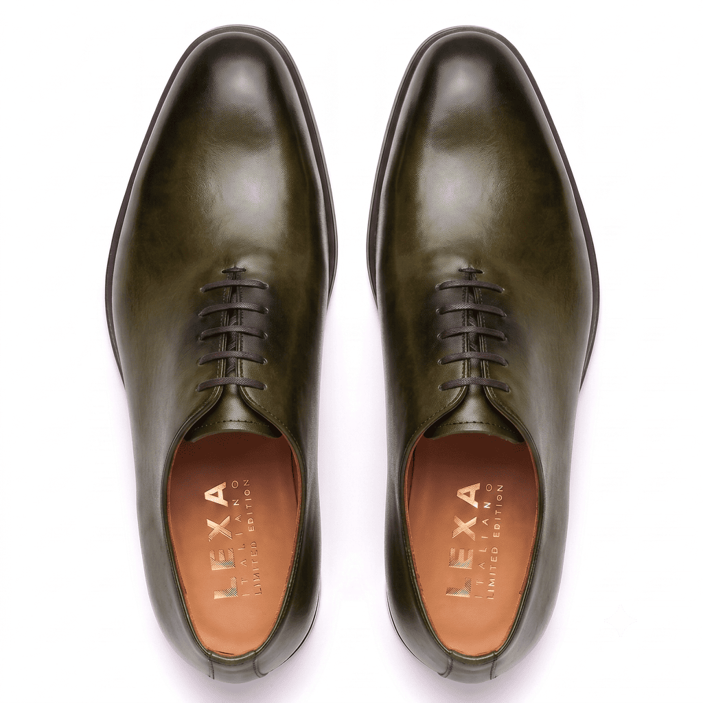 Top view of olive green leather Oxford shoes for men