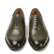 Front view of olive green leather Oxford shoes for men