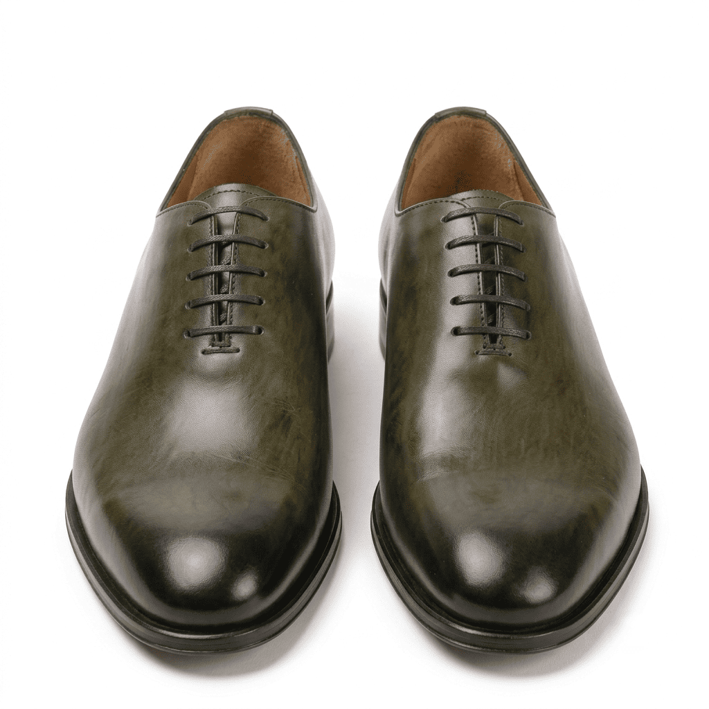 Front view of olive green leather Oxford shoes for men