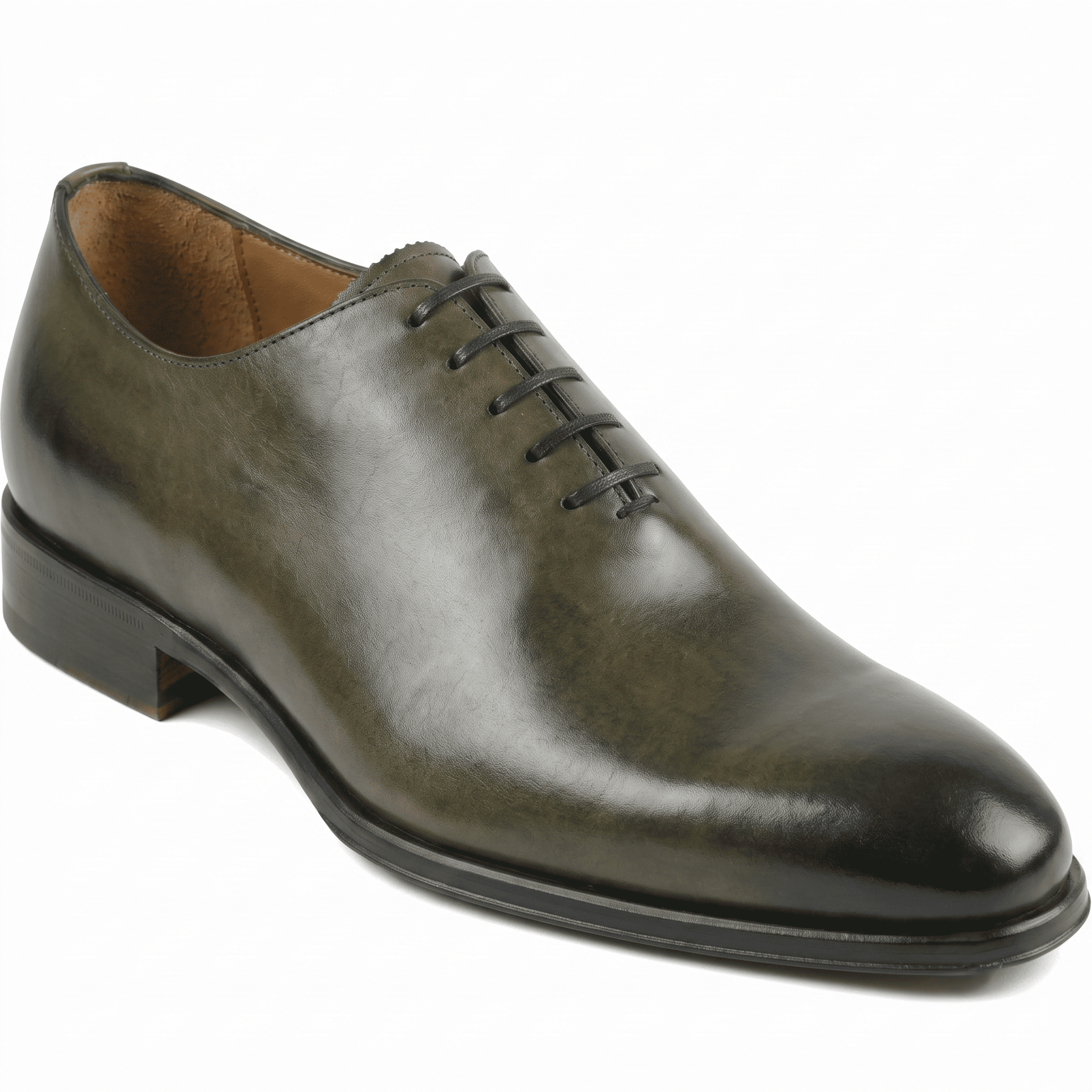 Side view of olive green leather Oxford dress shoe