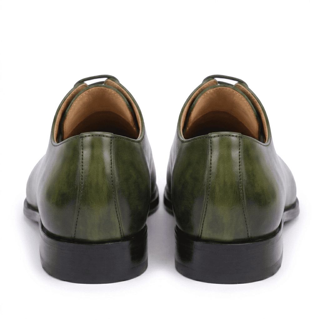 Back view of olive green leather Oxford shoes for men