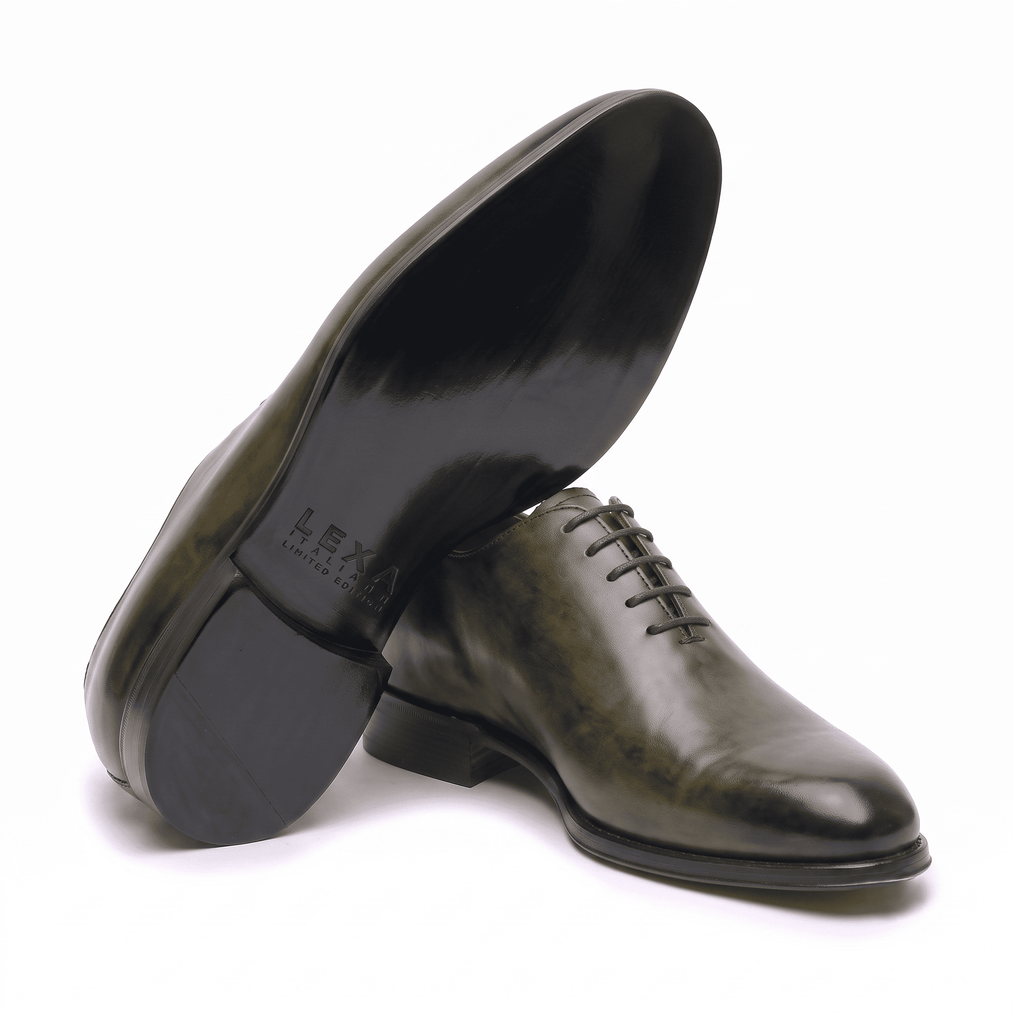 Sole view of olive green leather Oxford shoe for men