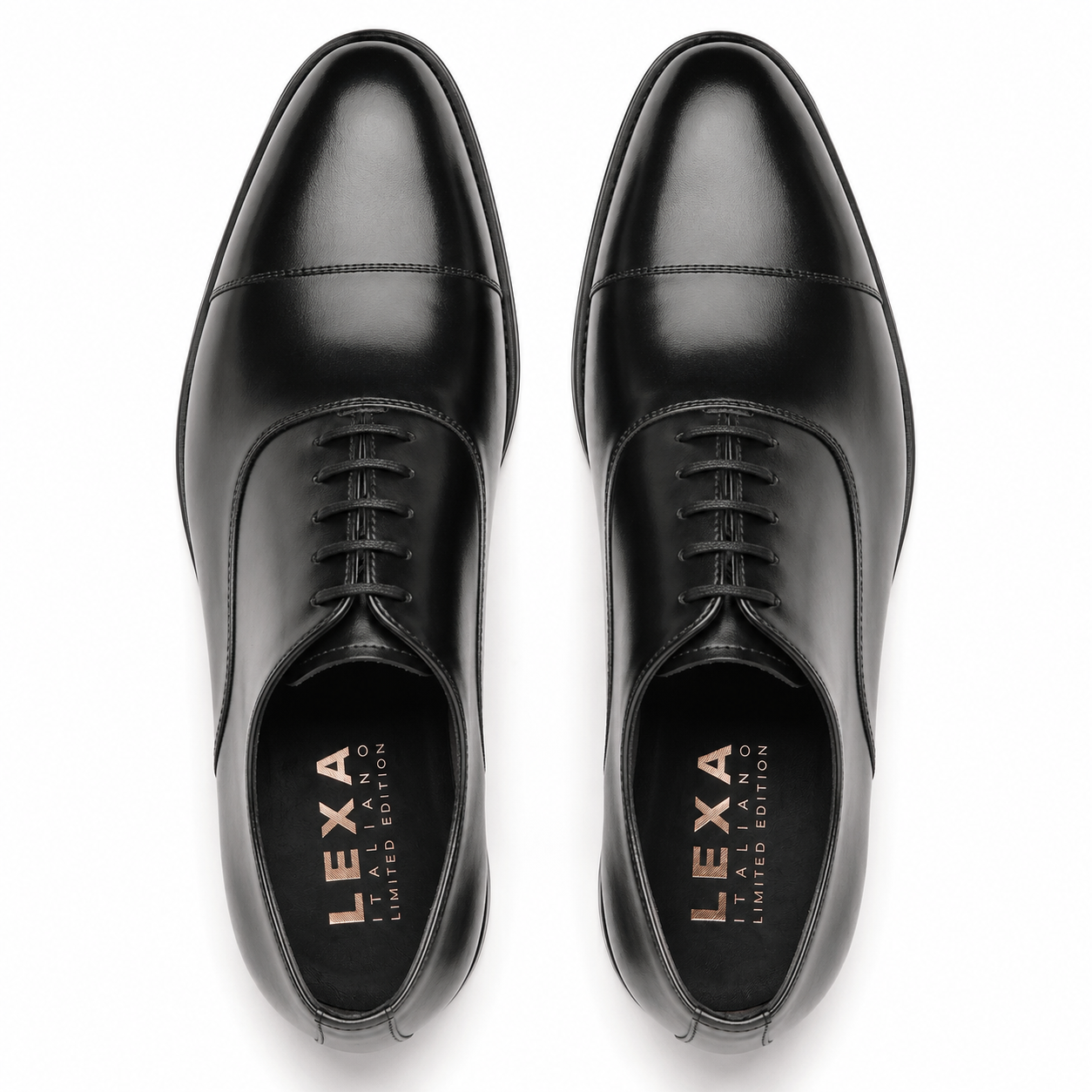 Pair of black leather Oxford shoes for men viewed from above