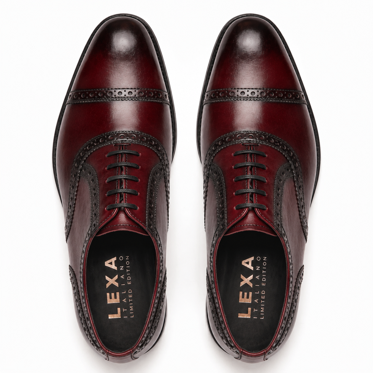 Top view of burgundy leather brogue Oxford shoes for men
