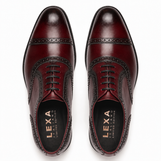 Top view of burgundy leather brogue Oxford shoes for men