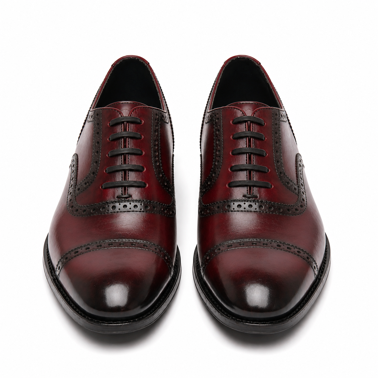 Front view of burgundy leather brogue Oxford shoes for men