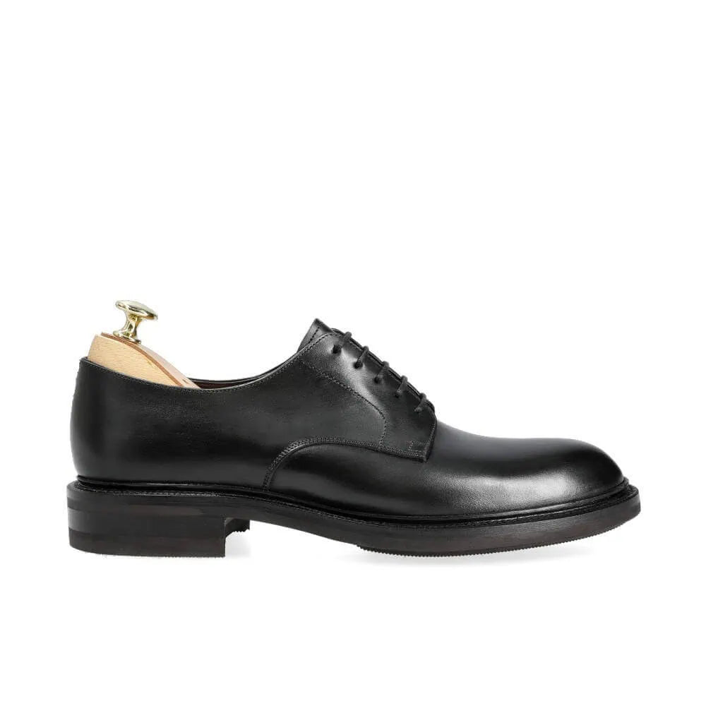 Side view of black Vegano plain toe Derby shoes for office and formal wear