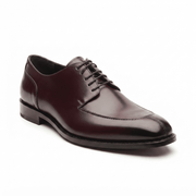 Side view of dark brown leather lace-up Oxford dress shoe