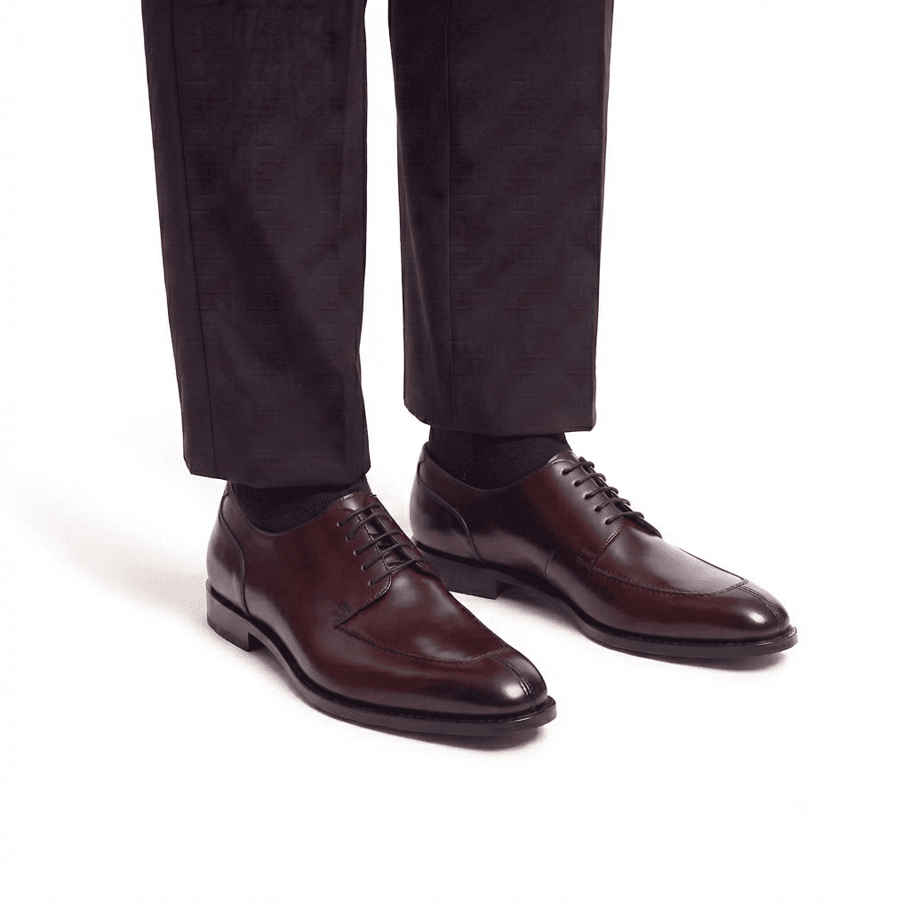 Man wearing dark brown leather Oxford shoes with formal trousers