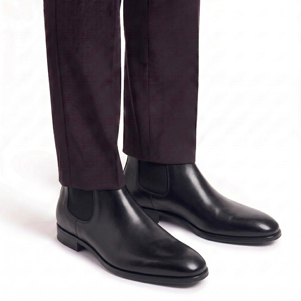 Black Chelsea boots worn with formal trousers