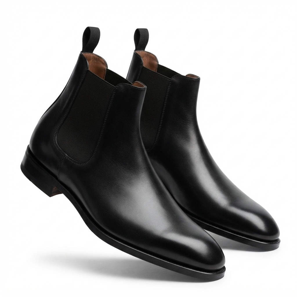 Black leather Chelsea boots angled view