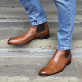 Men’s formal and casual light tan Chelsea boots with classic brogue pattern