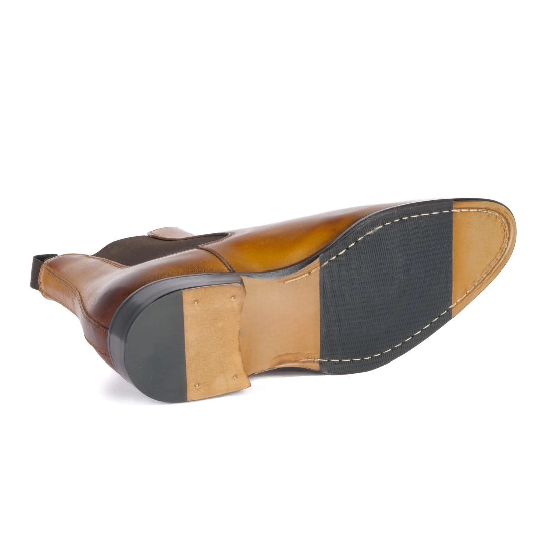 Handcrafted men’s light tan leather brogue Chelsea boots with elastic side panels