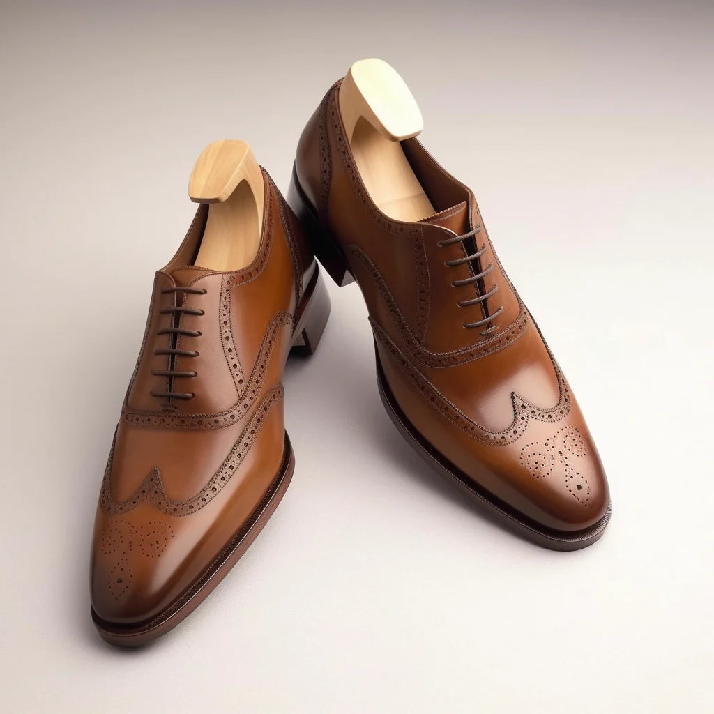 Tan Leather Adrion Brogue Wingtip Oxfords - Formal Shoes