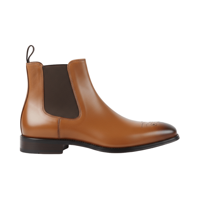 Brown leather Chelsea boots side profile with slim fit light trousers