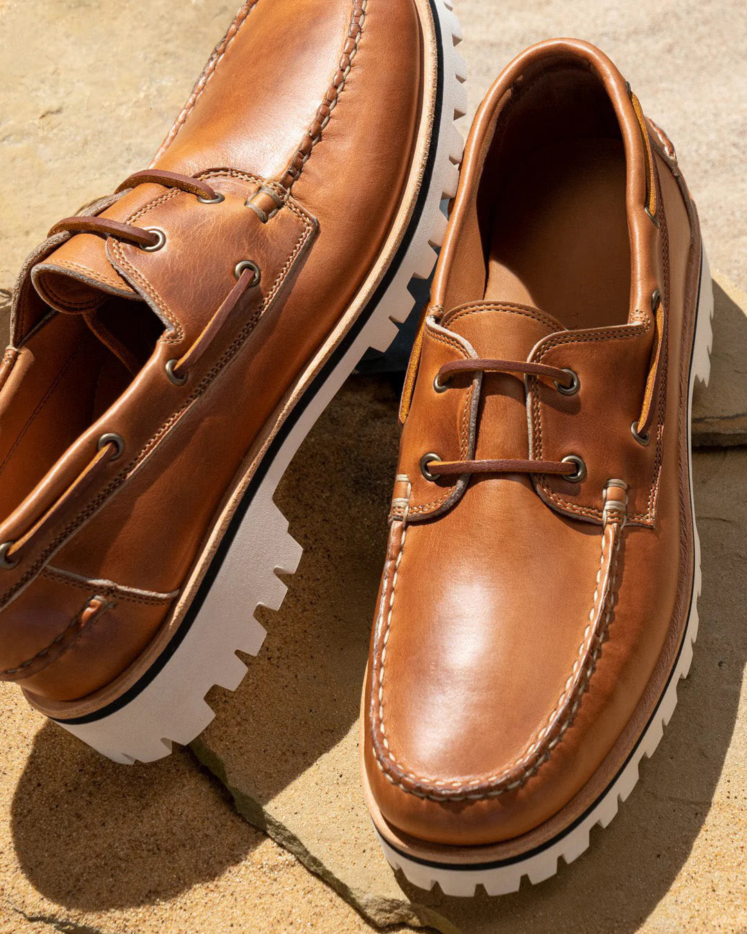 Tan Leather Hyperion Lace Up Chunky Boat Shoes with White Soles - Summer 2025 Collection