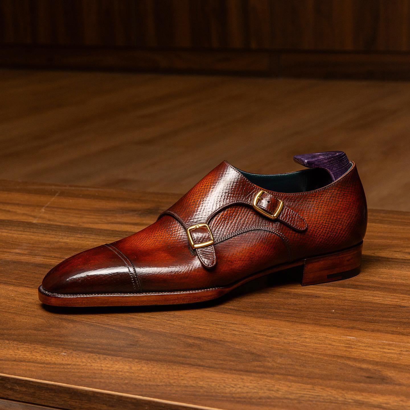 Tan Milled Grain Leather Sintra Double Toe Cap Monk Straps