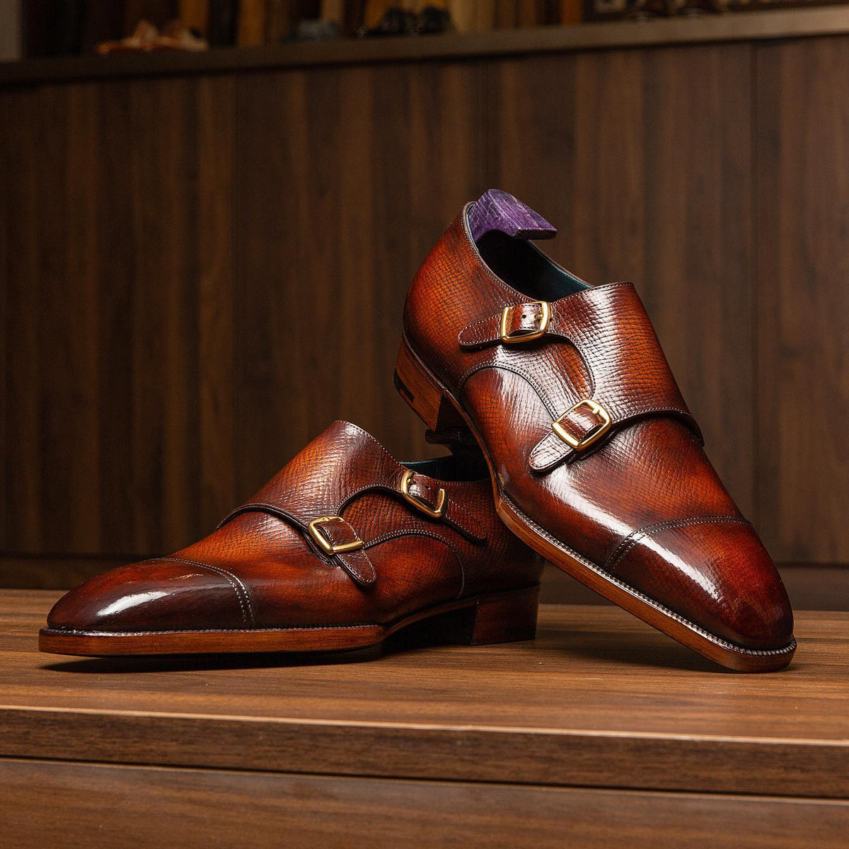 Tan Milled Grain Leather Sintra Double Toe Cap Monk Straps