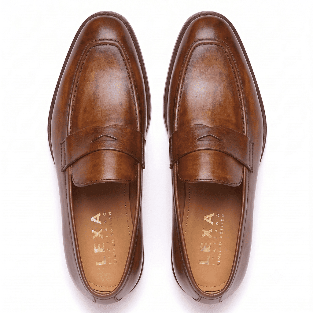 Top view of brown leather penny loafers for men