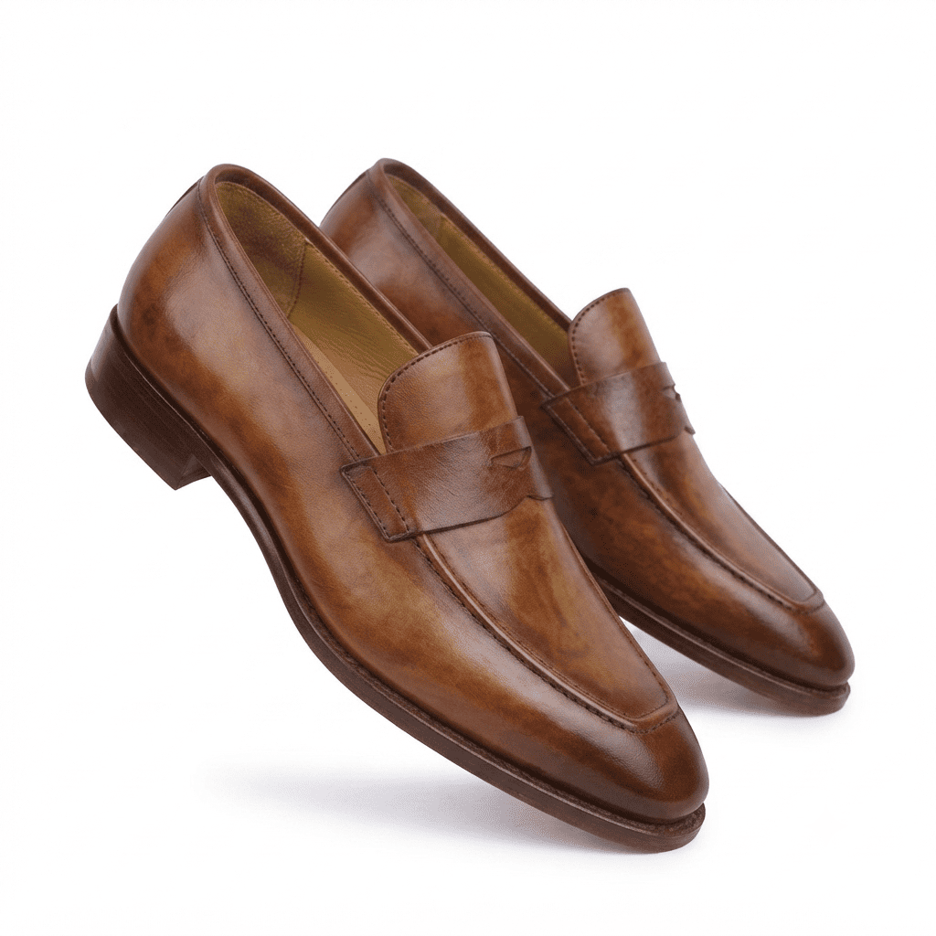 Pair of brown leather penny loafers in angled view