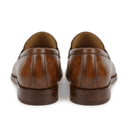 Back view of brown leather penny loafers for men