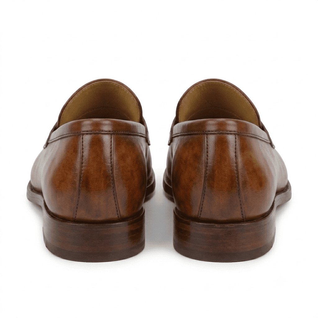Back view of brown leather penny loafers for men