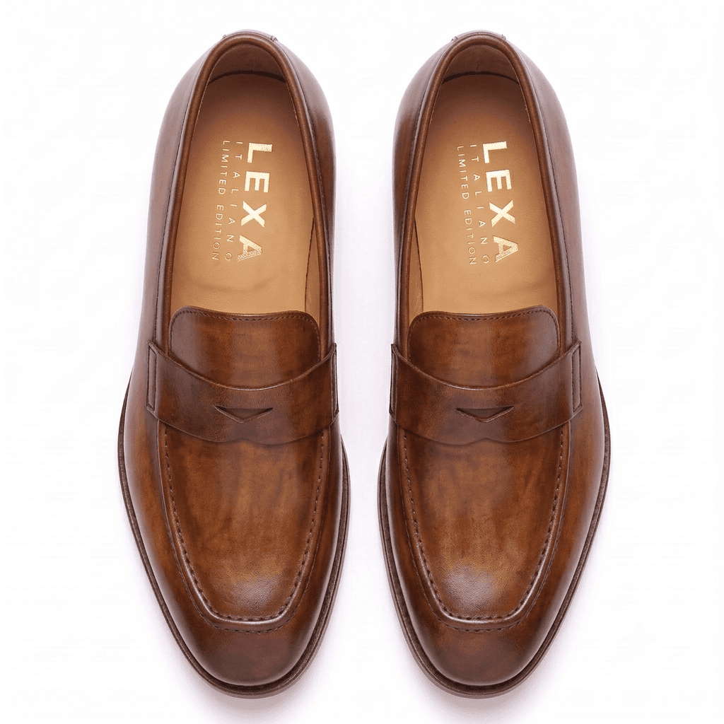 Top view of brown leather loafers showing polished leather finish