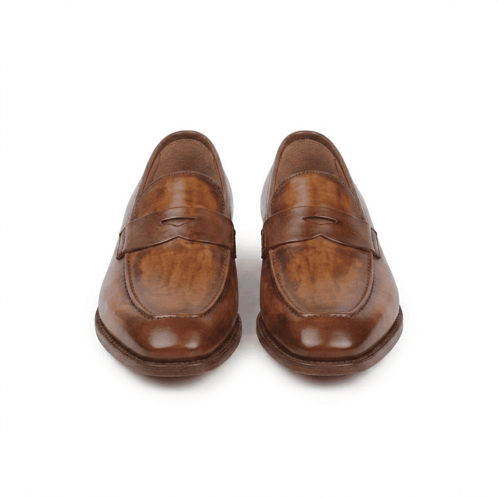 Front view of brown leather penny loafers for men