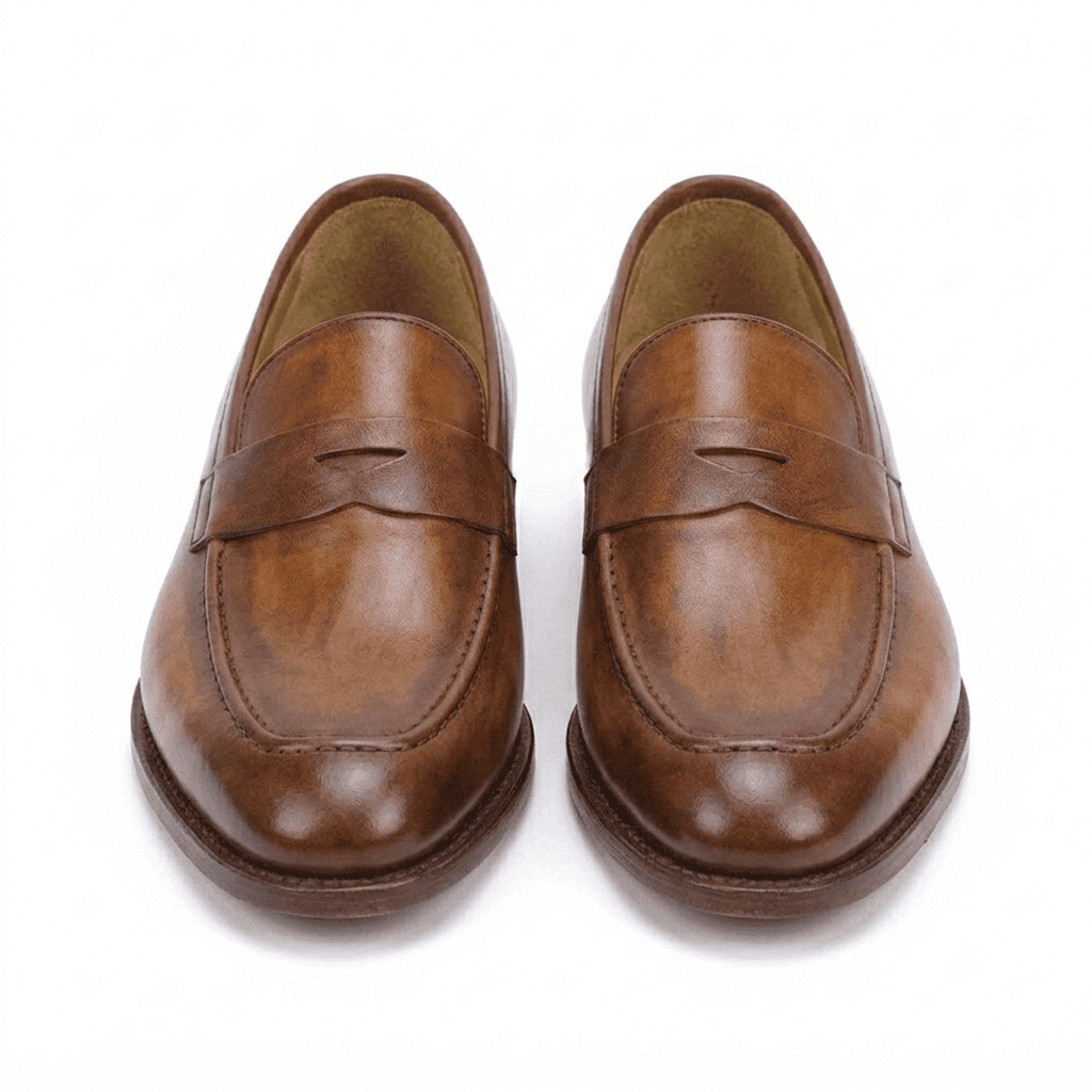 Front angled view of brown leather penny loafers showing rounded toe
