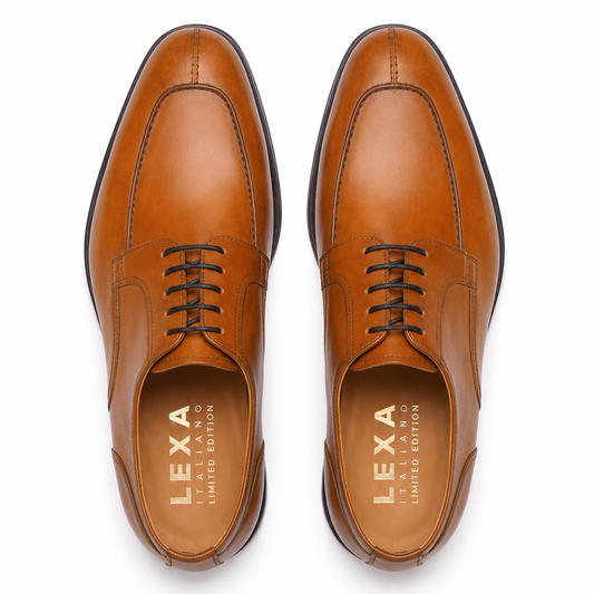 Brown leather Oxford shoes for men shown from top view