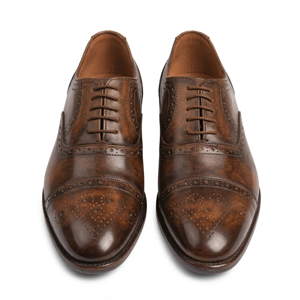 Front angled view of handcrafted brown brogue Derby shoes
