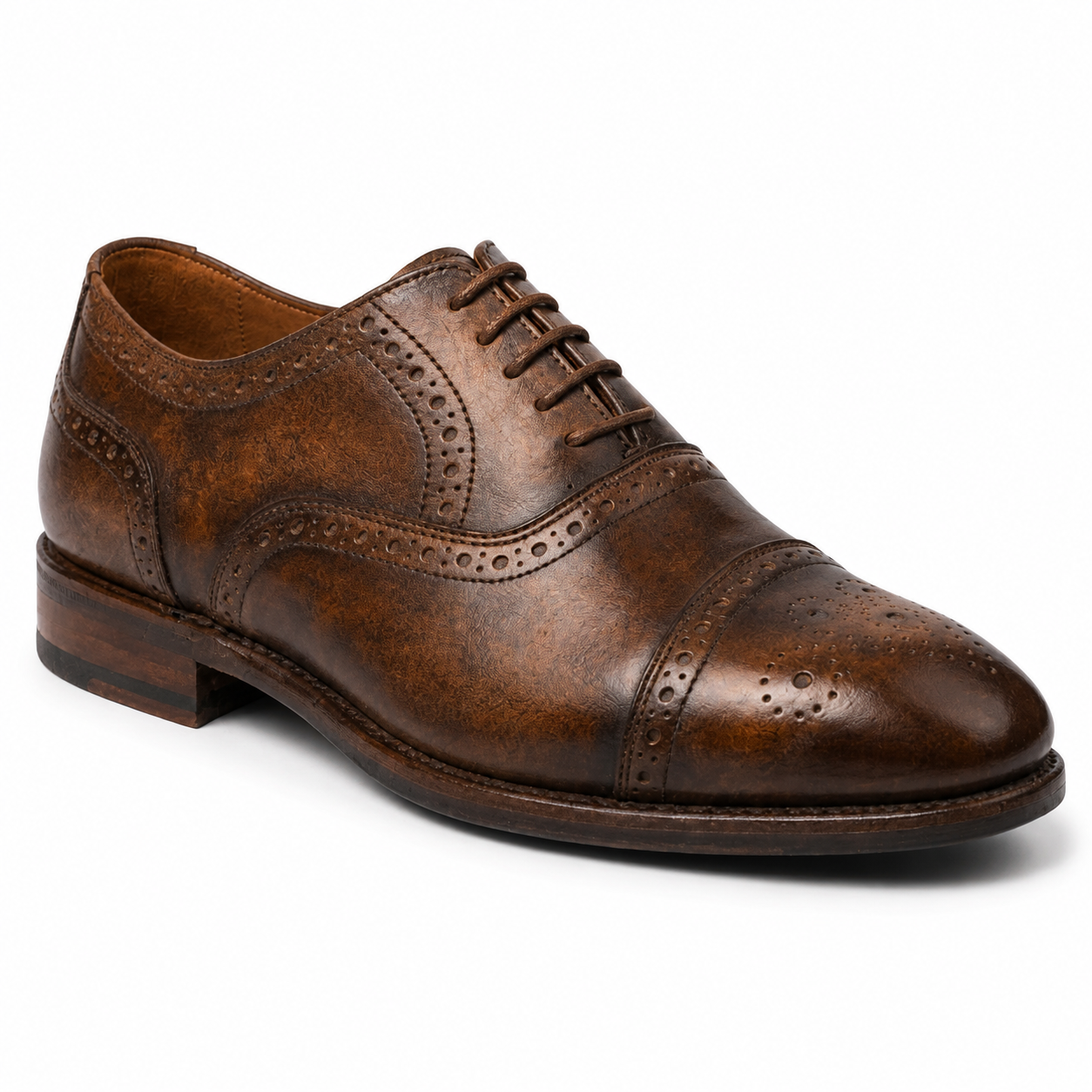 Side view of premium brown brogue Derby shoes