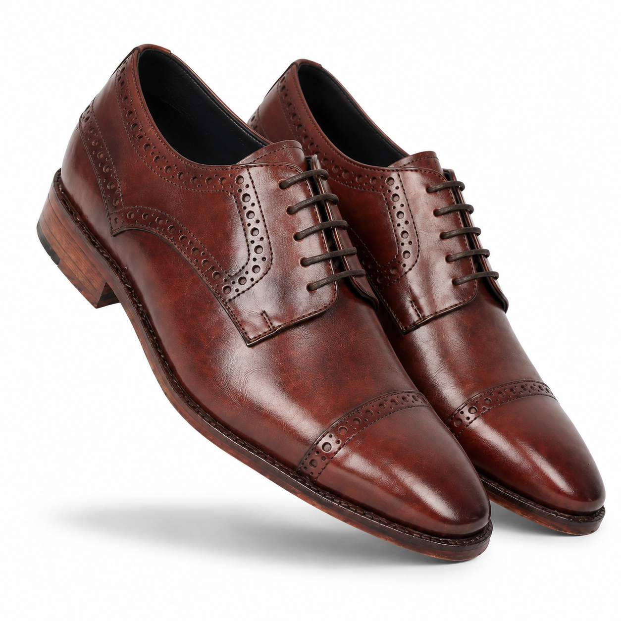 Angled view of handcrafted brown leather brogue shoes