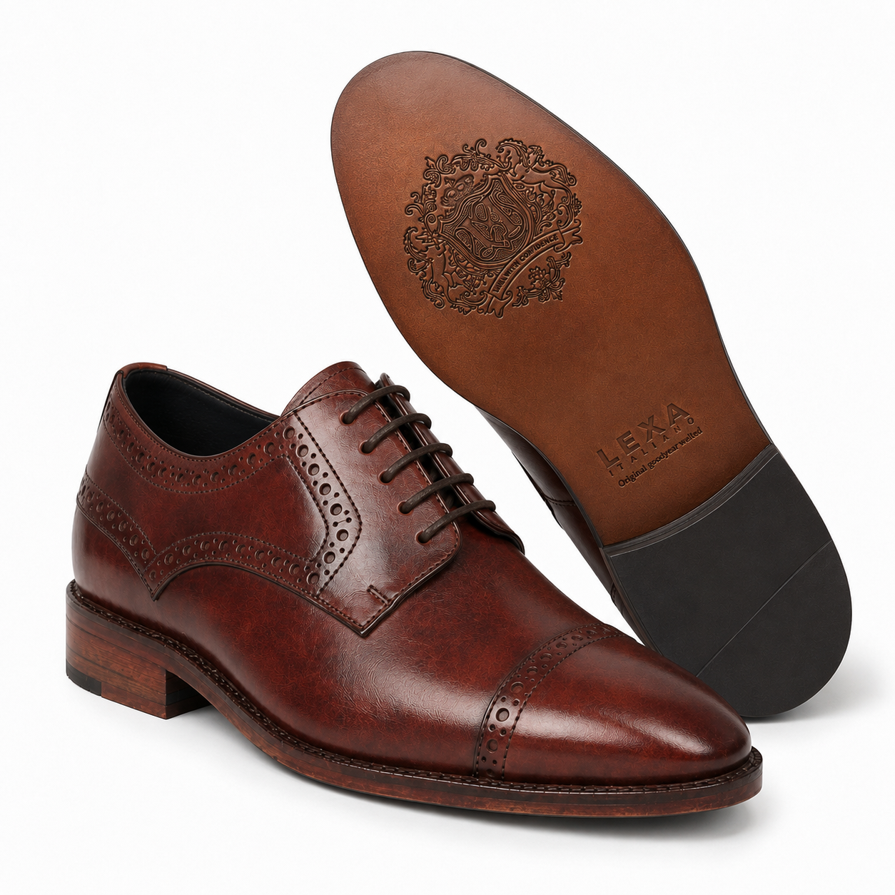 Sole view of premium brown leather brogue shoes