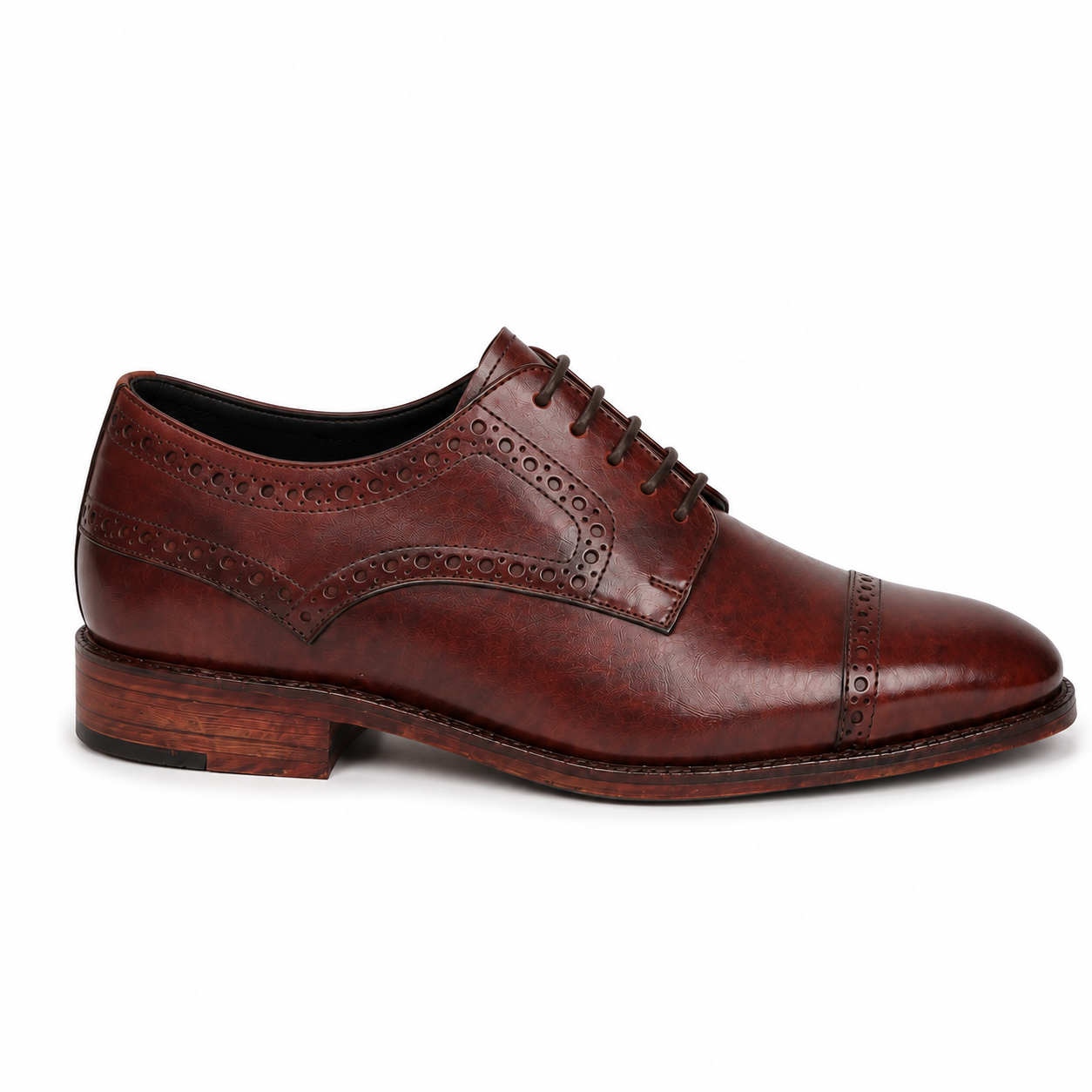 Side profile of brown leather brogue shoe for men