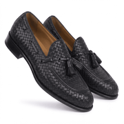 Woven Black Leather Tassel Loafers for Men