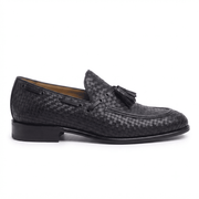 Woven Black Leather Tassel Loafers for Men