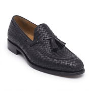 Woven Black Leather Tassel Loafers for Men